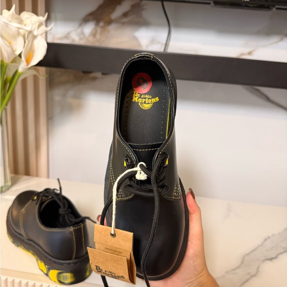 Dr. Martens Mens| Women's Black Leather Shoes with Yellow Accent Sole - Picture 6 of 8